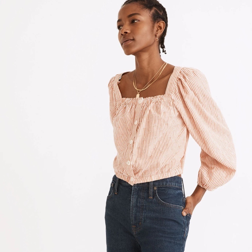 Madewell Puff-Sleeve Button-Front Crop Top In Embroidered Stripe Xs